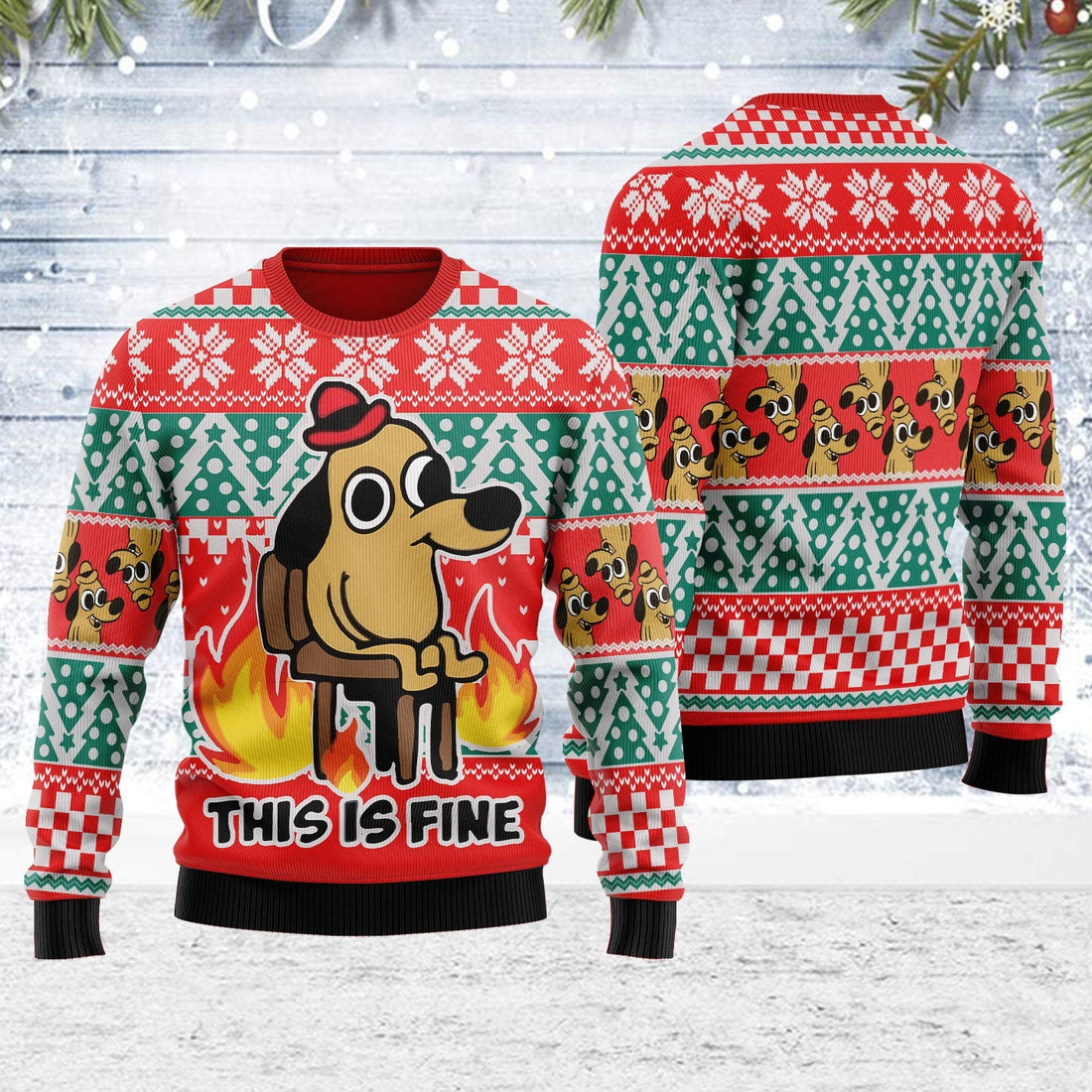 YMskins Ugly Christmas Sweater This Is Fine Meme 3D Apparel