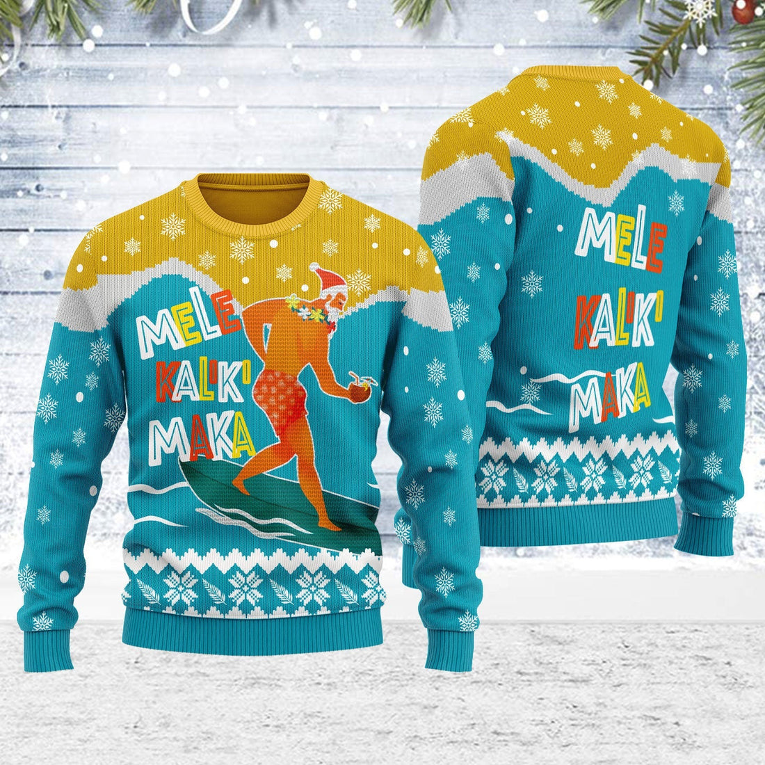 YMskins Ugly Christmas Sweater Mele Kalikimaka Surfing Santa 3D Apparel