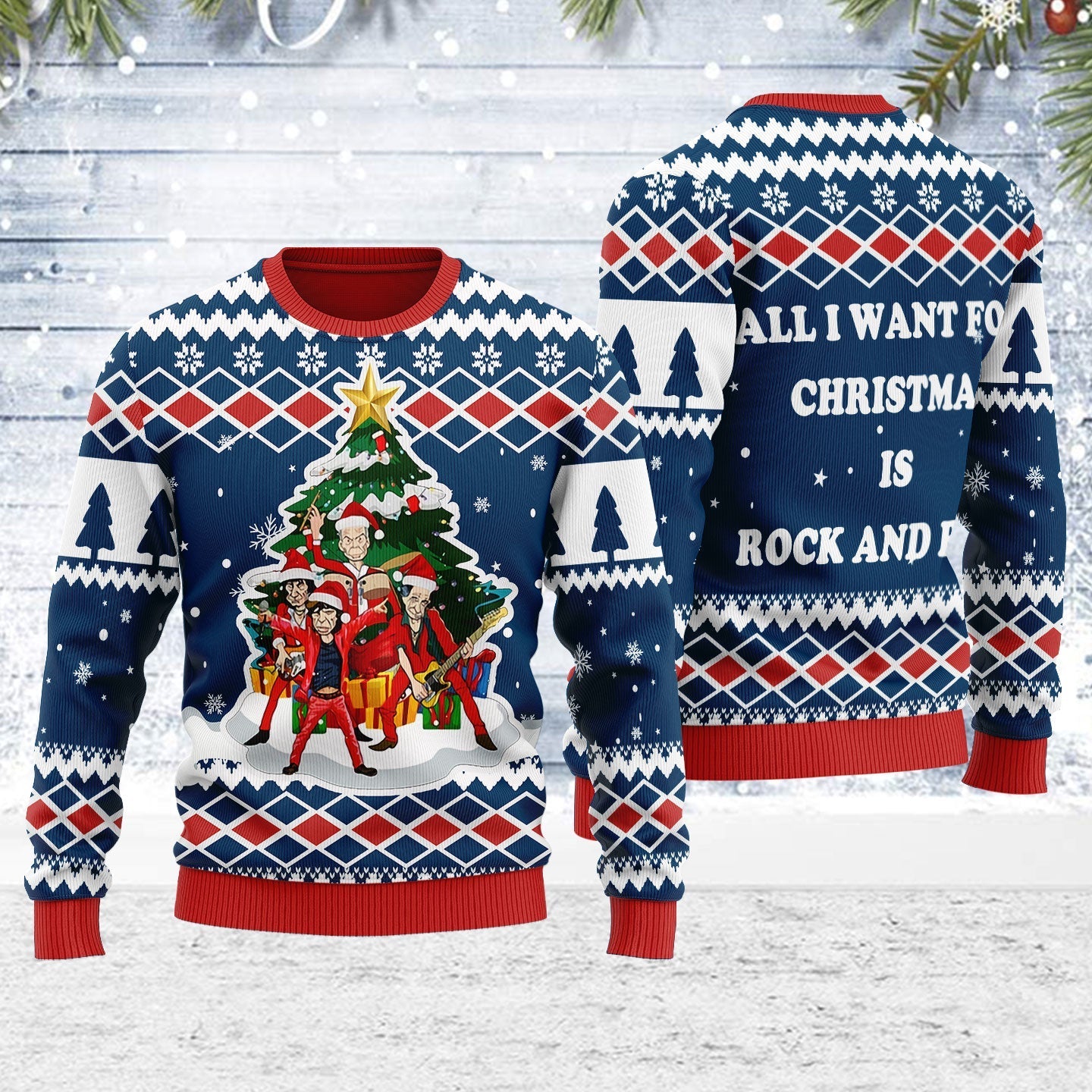 YMskins Ugly Christmas Sweater All I Want For Christmas Is Rock And Roll 3D Apparel