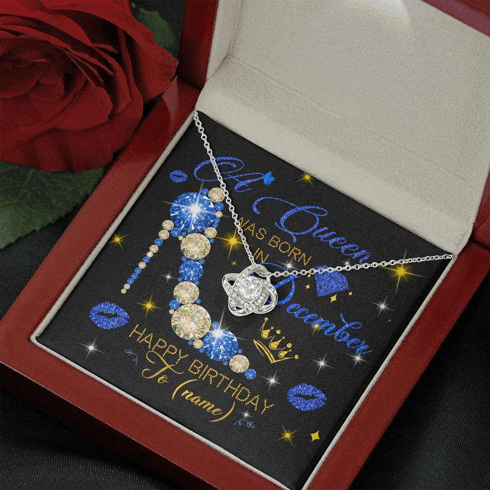 Personalized Name Happy Birthday A December Queen Love Knot Necklace With Pod Message Card Mahogany