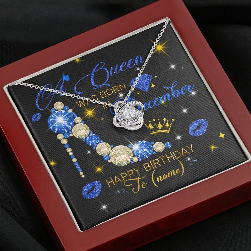 Personalized Name Happy Birthday A December Queen Love Knot Necklace With Pod Message Card Jewelry