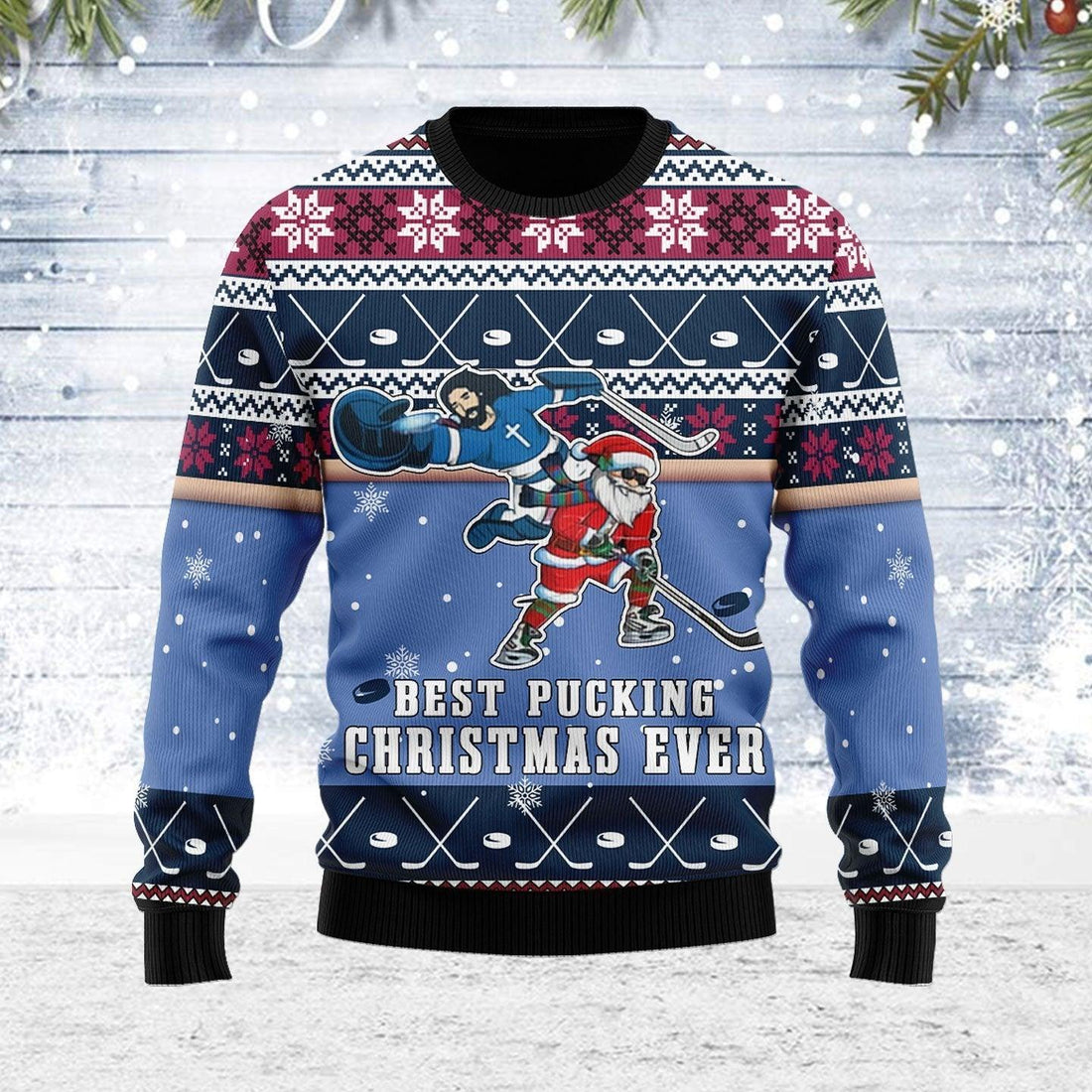 Best Pucking Christmas Ever Jesus And Santa Claus Ugly Christmas Sweater - CustomsPig