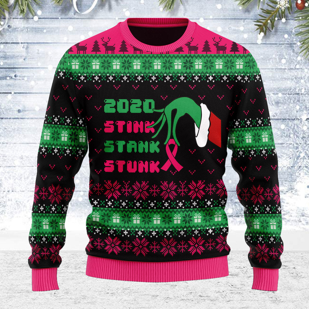YMskins Ugly Christmas Sweater Stink Stank Stunk Breast Cancer 3D Apparel