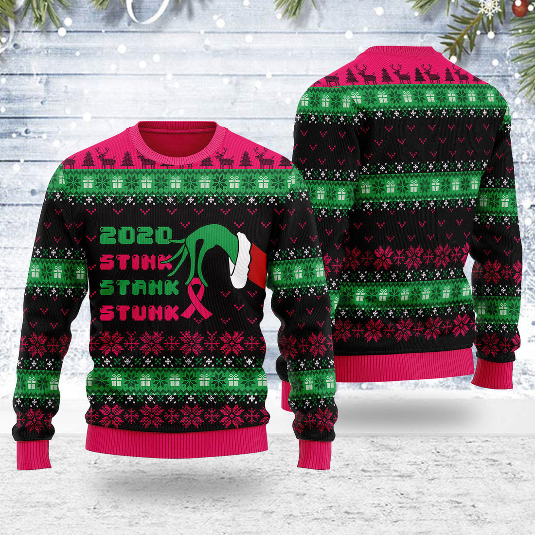 YMskins Ugly Christmas Sweater Stink Stank Stunk Breast Cancer 3D Apparel