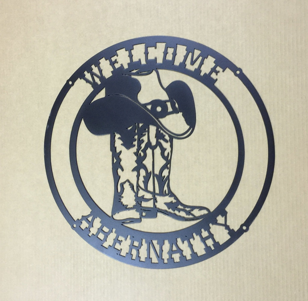 YMskins Personalized Welcome Sign with Cowboy Boots & Hat Wall Art