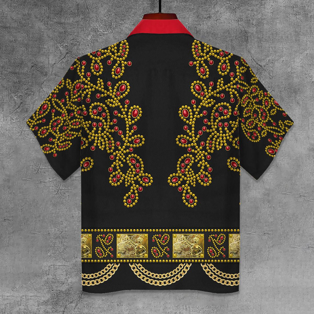 CustomsPig Elvis Spanish Flower - Black With Red Stones Unisex Hawaii Shirt - CustomsPig.com