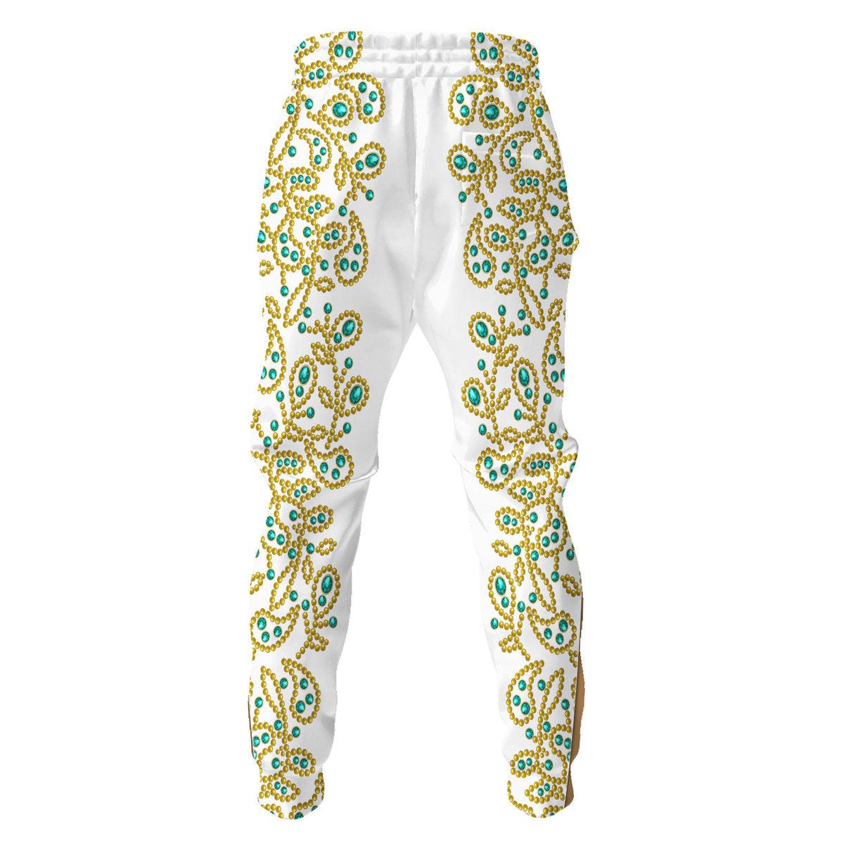 Gearhomie Elvis Spanish Flower - White With Green Stones Costume Hoodie Sweatshirt T-Shirt Sweatpants - Gearhomie.com