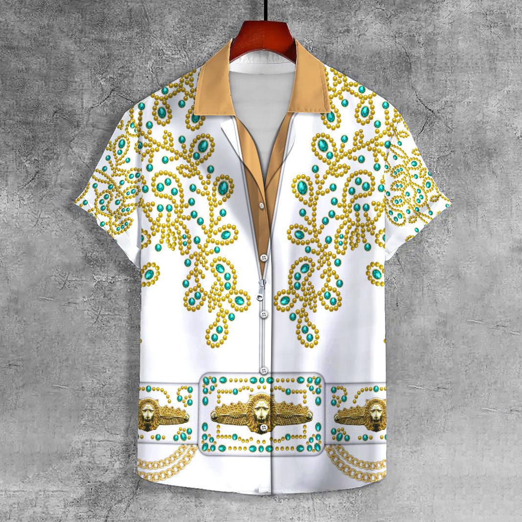 Gearhomie Elvis Spanish Flower - White With Green Stones UNISEX CASUAL HAWAIIAN SHIRT - Gearhomie.com