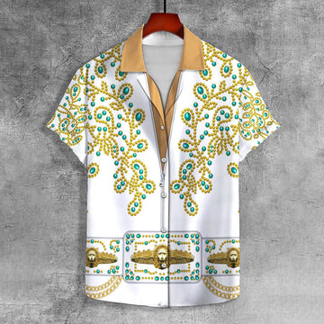 Gearhomie Elvis Spanish Flower - White With Green Stones UNISEX CASUAL HAWAIIAN SHIRT - Gearhomie.com