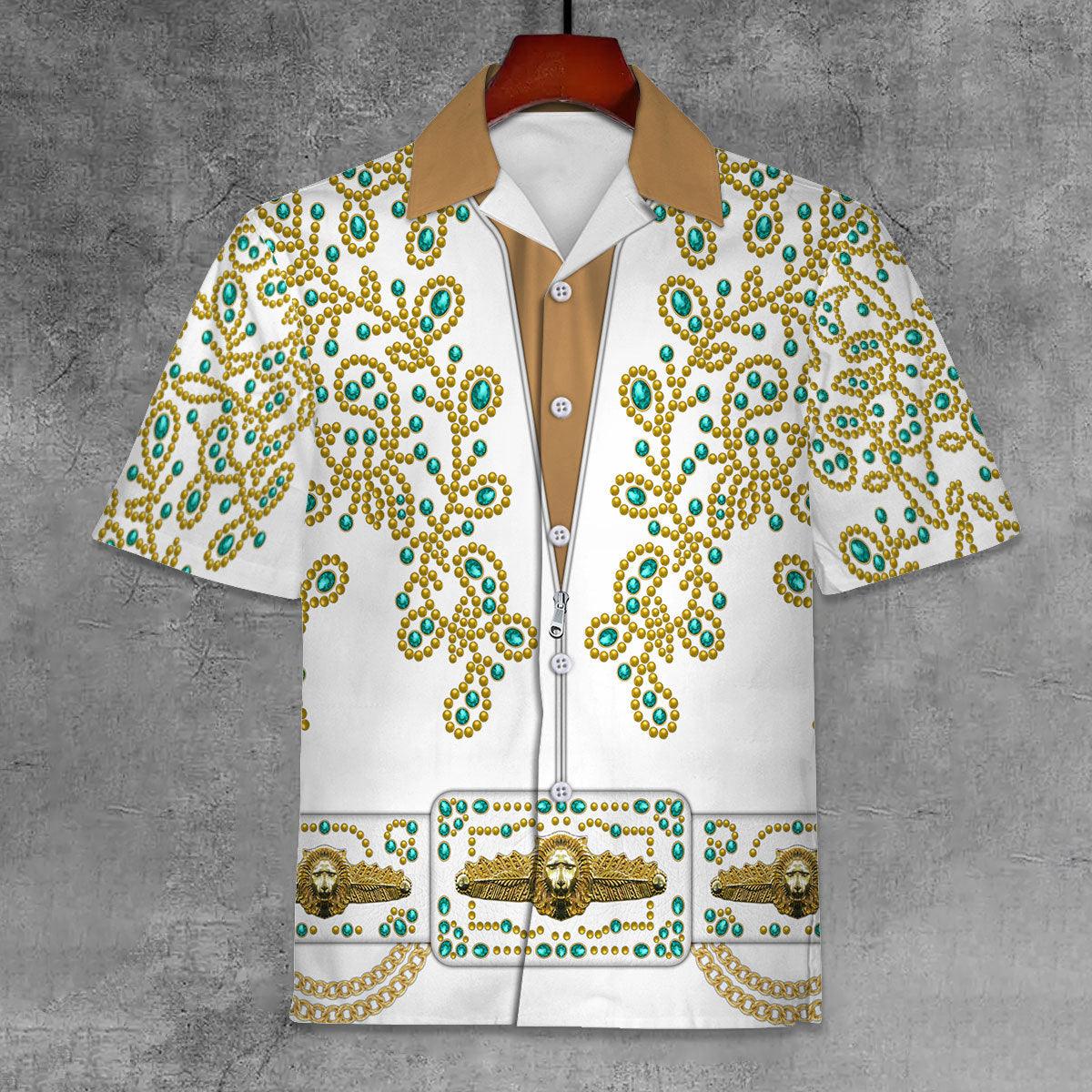 Gearhomie Elvis Spanish Flower - White With Green Stones Unisex Hawaii Shirt - Gearhomie.com