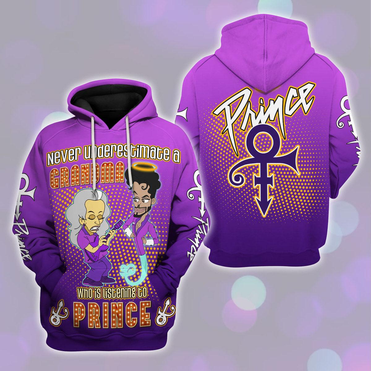 Gearhomie Never Underestimate A Grandma Who IS Listening to Prince Unisex Pullover Hoodie, Sweatshirt, T-Shirt - Gearhomie.com
