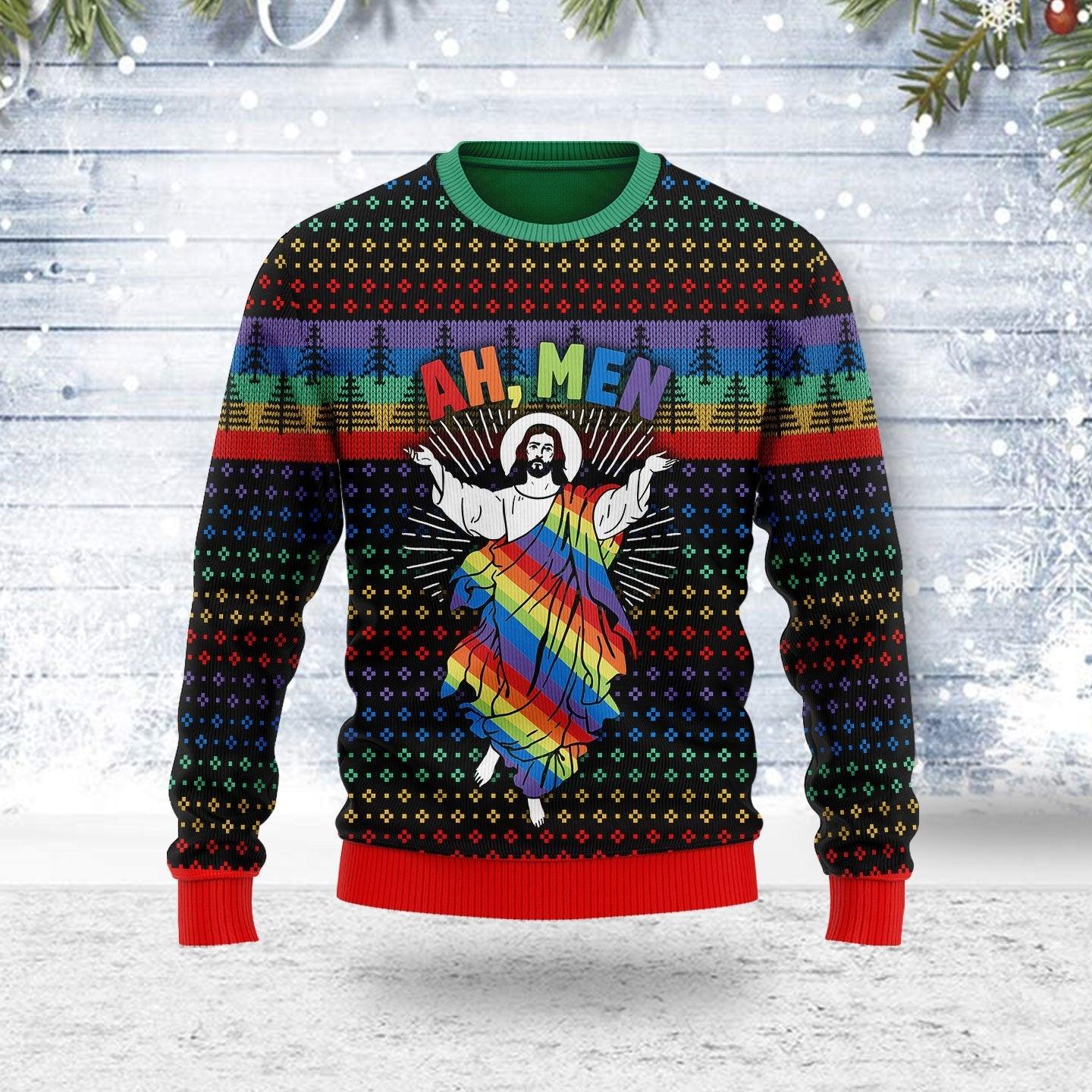 Jesus Ah Men LGBTQ+ Ugly Christmas Sweater - DucG