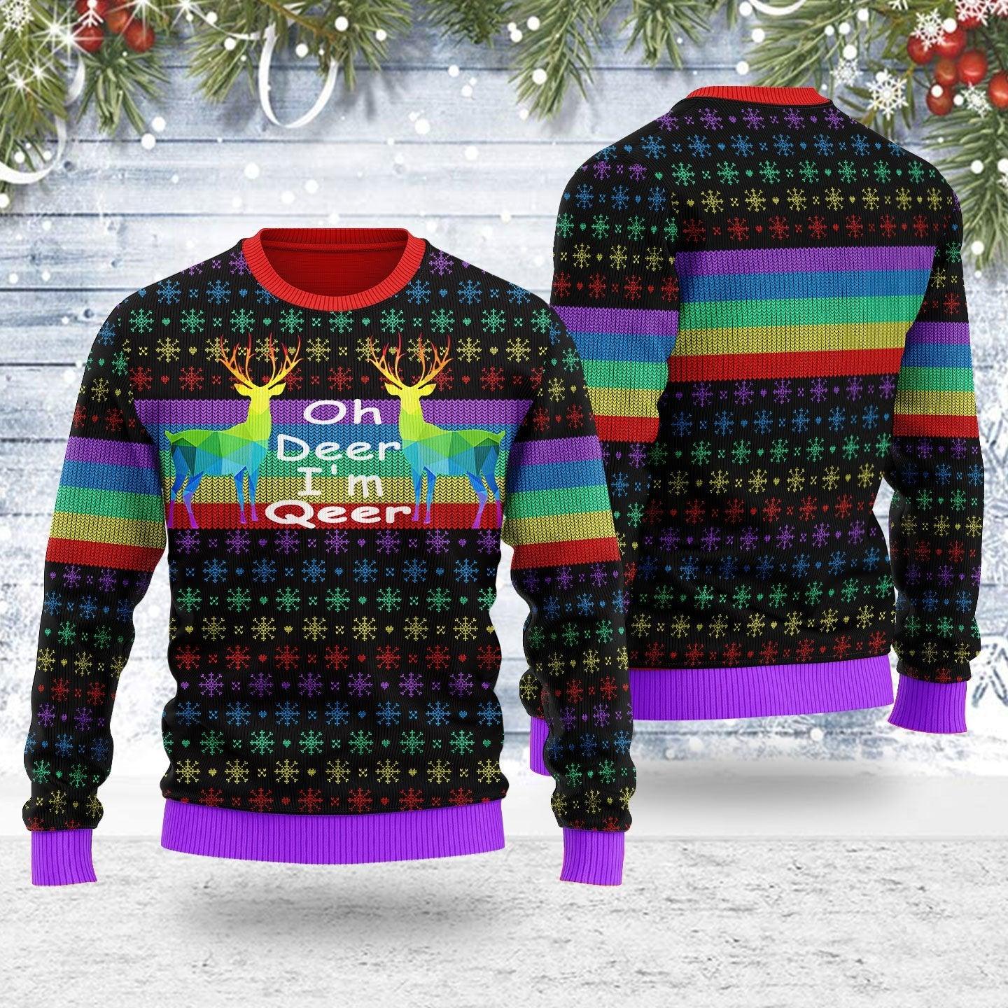 Oh Deer I'm Qeer LGBT Ugly Christmas Sweater - OodieGang